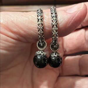 Vintage large Sterling silver marcasite open hoops black onyx drop Earrings